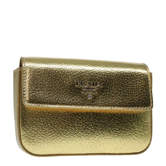 PRADA Accessory Pouch Leather Silver Gold Auth 88214V - Picture 1 of 16